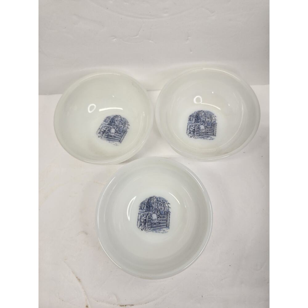 Currier And Ives Milk Glass Bowls , Children At Fence , Set Of 3 , Cereal Bowls